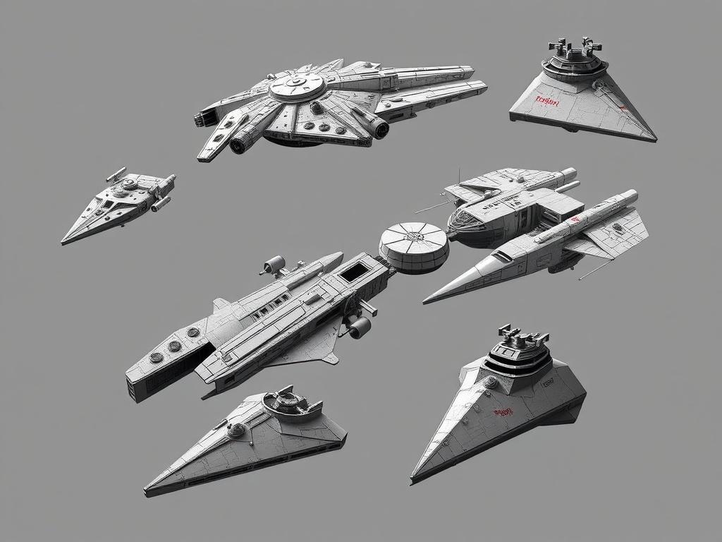     L'évolution des vaisseaux spatiaux, du Faucon Millenium aux Destroyers Stellaire. Naissance des formes : des rêves littéraires aux maquettes de studio